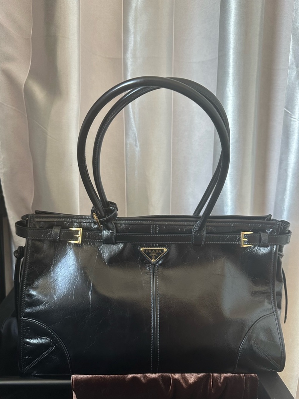 Prada Bonnie Black Leather Double-Handle Handbag with Gold Hardware
